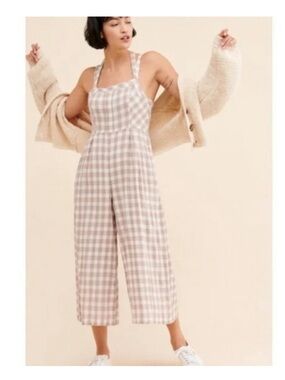 Free People Zuzu Seersucker Wide Leg Cropped Jumpsuit Natural Gingham Size 4